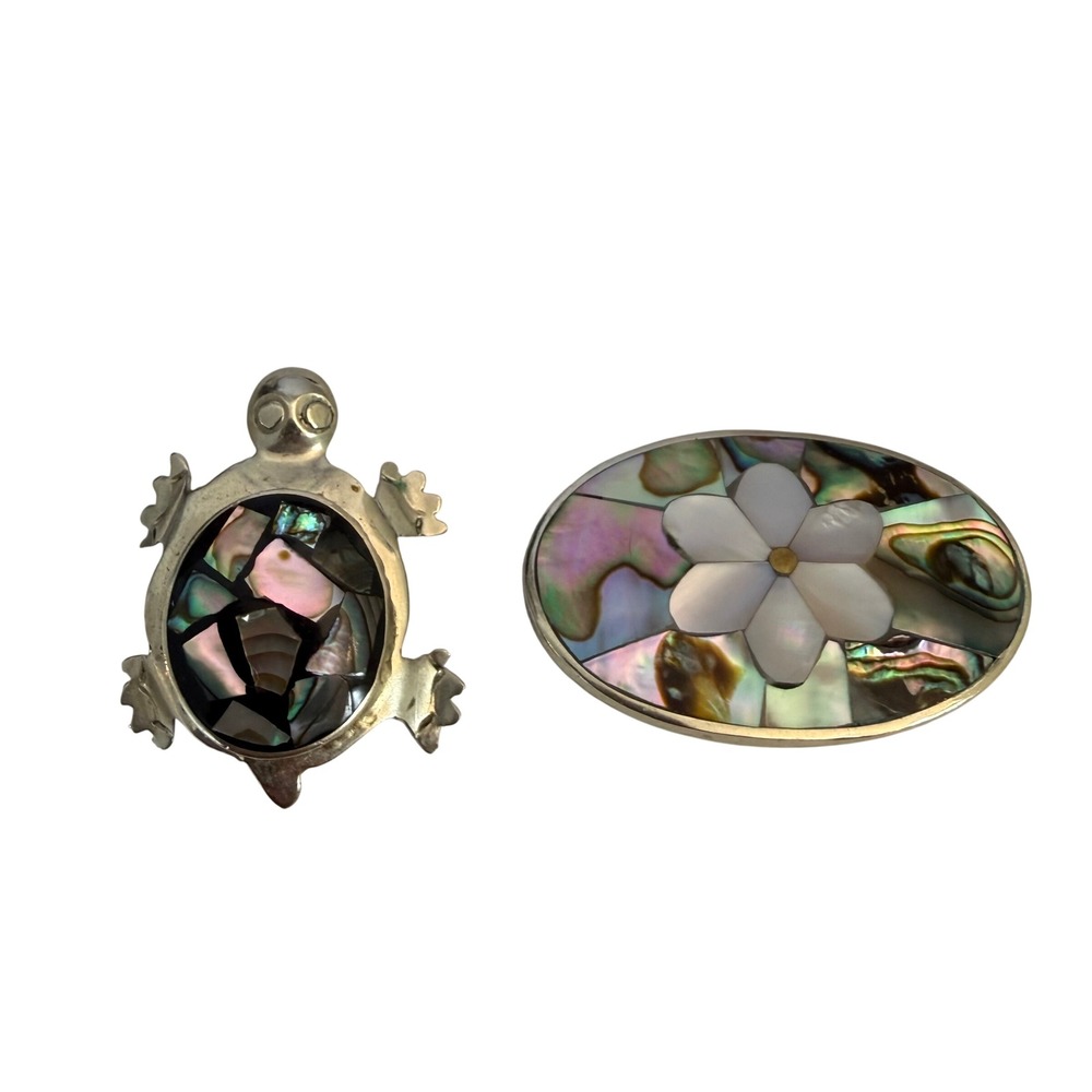 Lot of 2 Vintage Alpaca Mexico Abalone Turtle & Floral Brooch Pin Silver MOP
